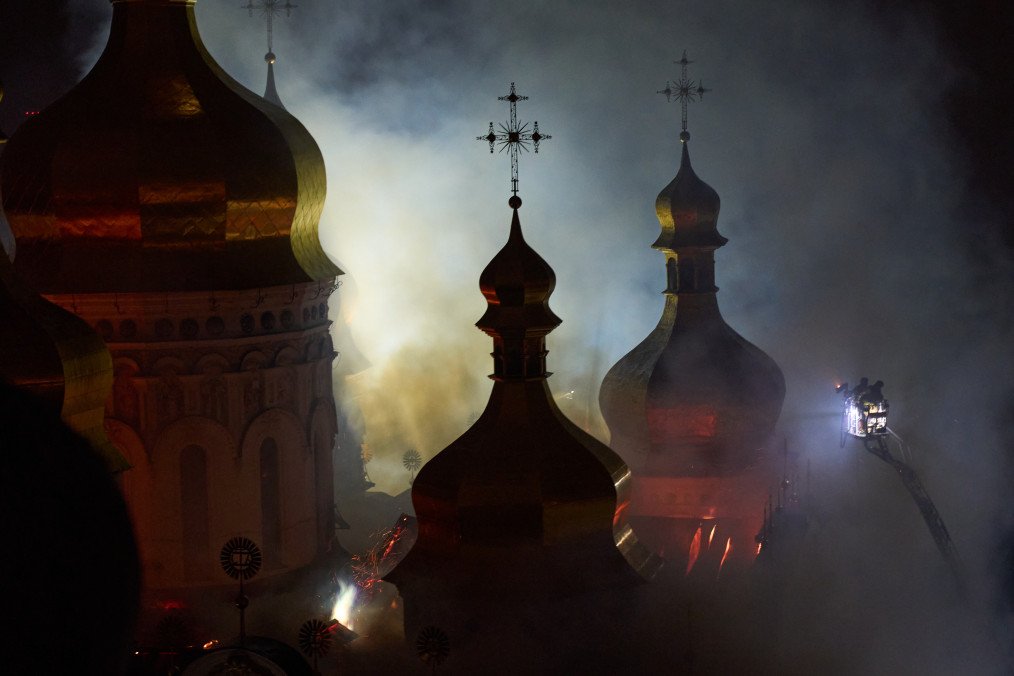 Firefighters work to extinguish a blaze at the Kyiv-Pechersk Lavra after a Russian attack on Kyiv. (Photo: Mykyta Shandyba/UNITED24 Media)