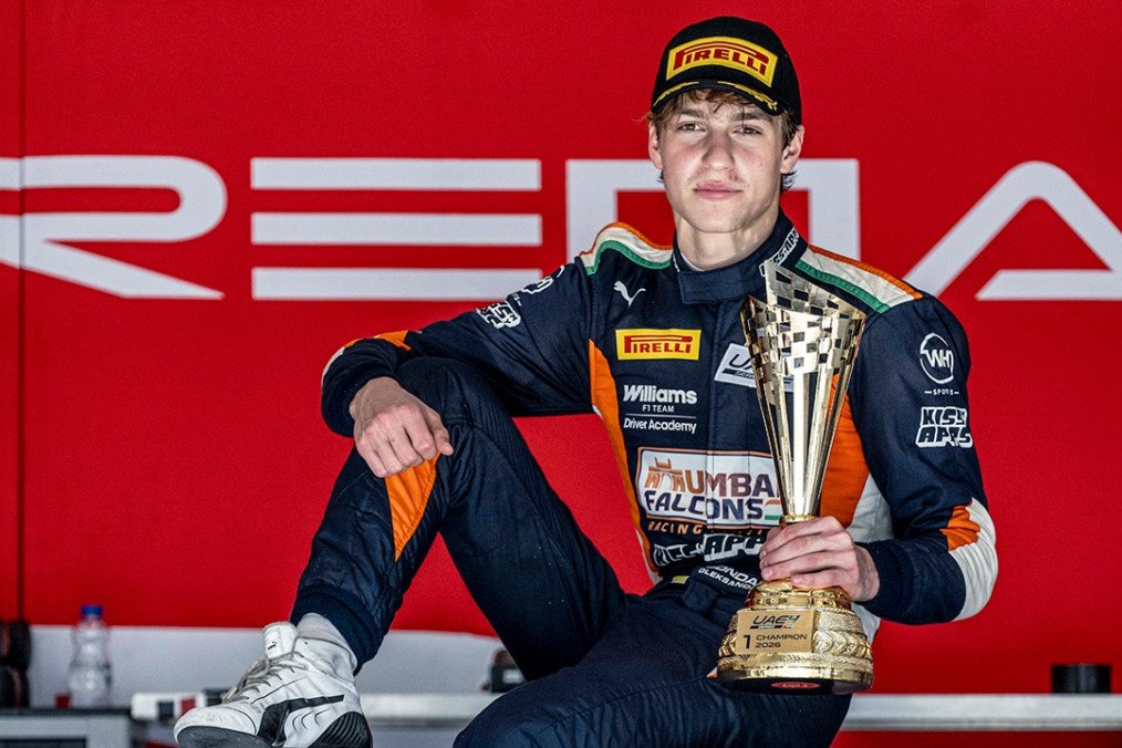 Sixteen-year-old Ukrainian driver Oleksandr Bondarev holds the 2026 UAE4 Series Drivers’ Champion trophy. (Source: Oleksandr Bondarev/Instagram)