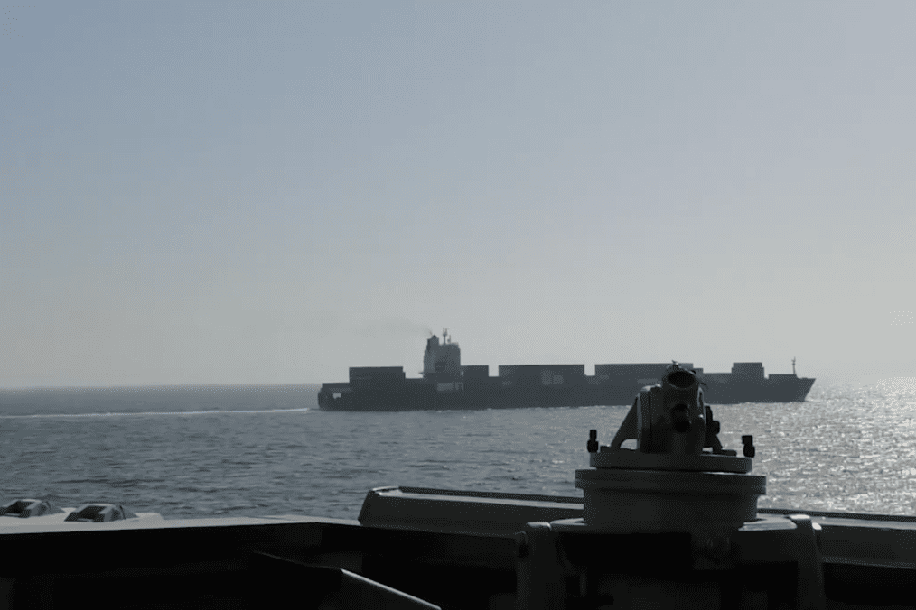 Iranian-flagged cargo ship Touska is tracked from the deck of a US Navy vessel. (Source: US Central Command)