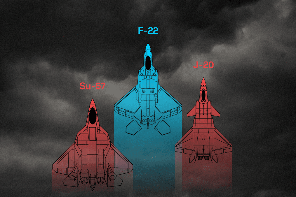 Illustrative image. Comparison of the US F-22, Chinese J-20, and Russian Su-57 fighter jets. (Source: UNITED24 Media/Oleksandr Manukians)