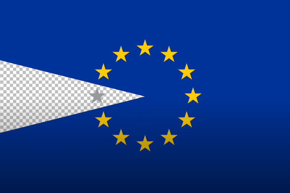 Illustrative graphic of the European Union flag with a forward-pointing arrow symbolizing progress toward EU integration. (Source: Oleksandr Manukians / UNITED24 Media)