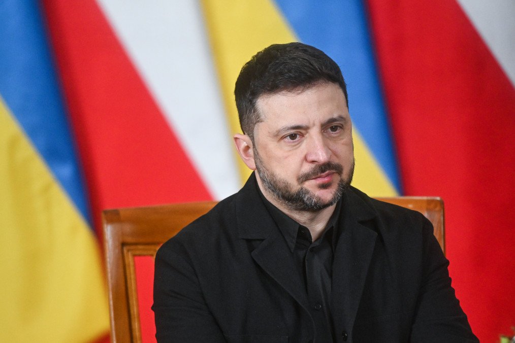 Polish Prime Minister, Donald Tusk (not sen) and the President of Ukraine, Volodymyr Zelenskyy reacts during a welcome at the Prime Minister's Chancellery on December 19, 2025 in Warsaw, Poland. (Source: Getty Images)