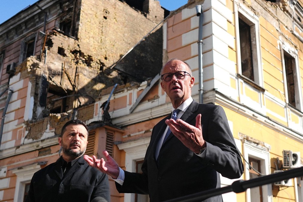 German Chancellor Friedrich Merz and Ukrainian President Volodymyr Zelenskyy stand outside the damaged National Academy of Sciences building in Kyiv on October 4, 2026. (Source: Getty Images) German Chancellor Friedrich Merz and Ukrainian President Volodymyr Zelenskyy stand outside the damaged National Academy of Sciences building in Kyiv on October 4, 2026. (Source: Getty Images)