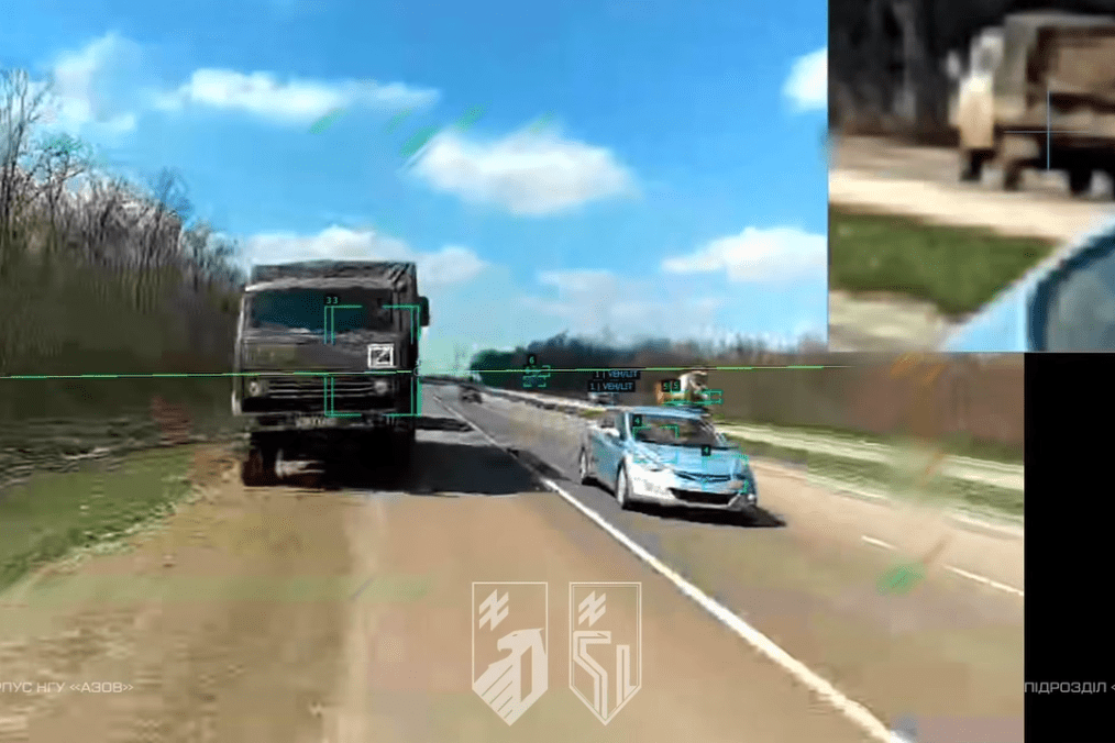 Russian military truck struck by a Hornet attack drone operated by Ukraine’s Azov unit. (Source: Azov)