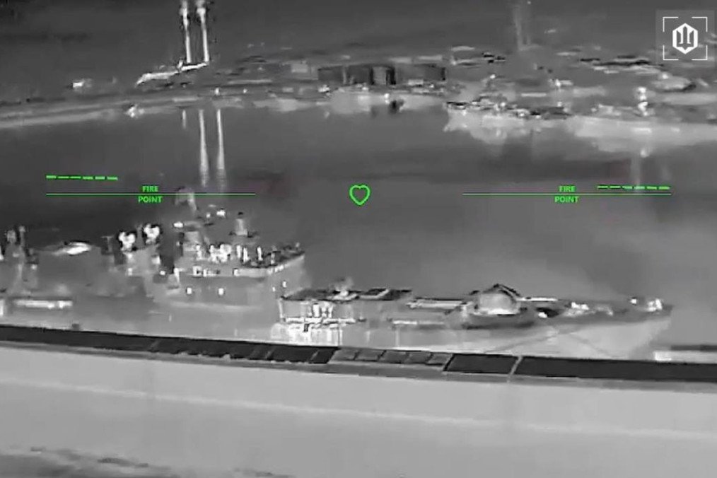 Russian frigate Admiral Grigorovich in Novorossiysk port captured by a Ukrainian drone on April 6, 2026. (Source: Unmanned Systems Forces of Ukraine)