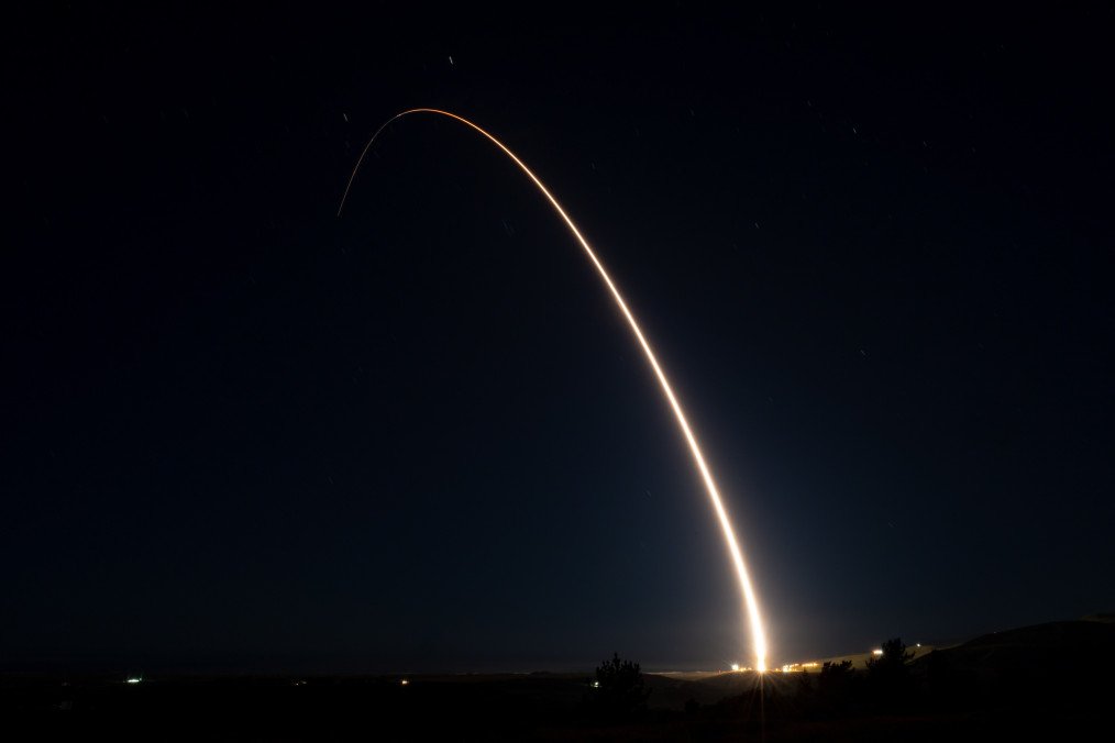 An operational test launch of an Air Force Global Strike Command unarmed Minuteman III intercontinental ballistic missile launched from Vandenberg Space Force Base, California. An operational test launch of an Air Force Global Strike Command unarmed Minuteman III intercontinental ballistic missile launched from Vandenberg Space Force Base, California.