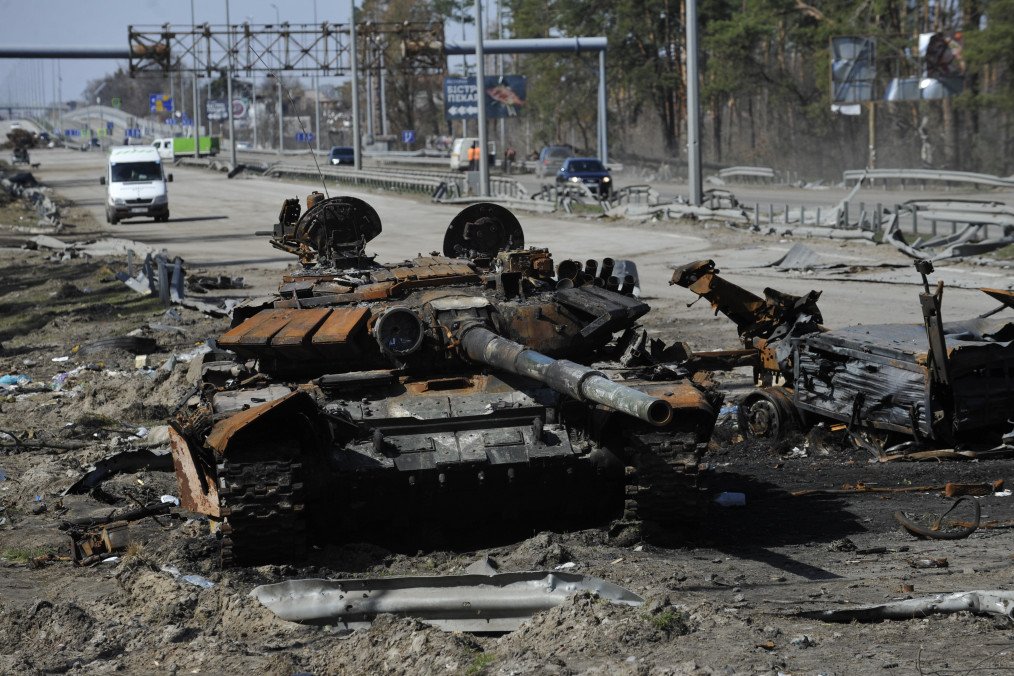 A destroyed Russian army tank is seen approximately 40 kilometers west of Kyiv in Kyiv region, April 7, 2022. (Source: Getty Images)