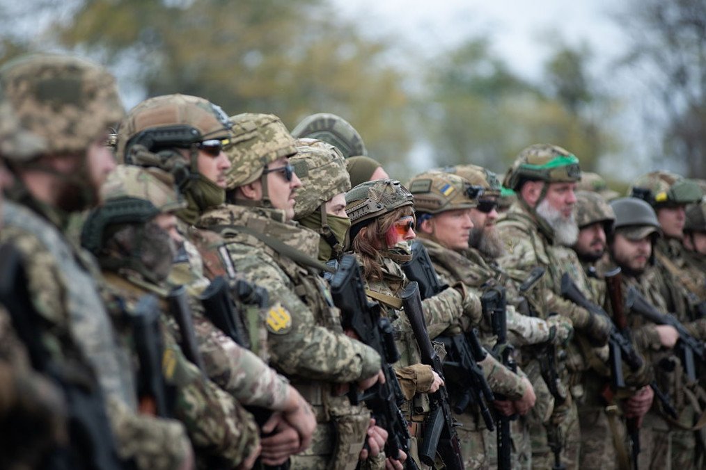Soldiers of the 423rd Separate Battalion of Unmanned Systems “Scythian Griffins” stand in formation on October 10, 2025 in Zaporizhzhia Oblast, Ukraine. (Source: Getty Images)