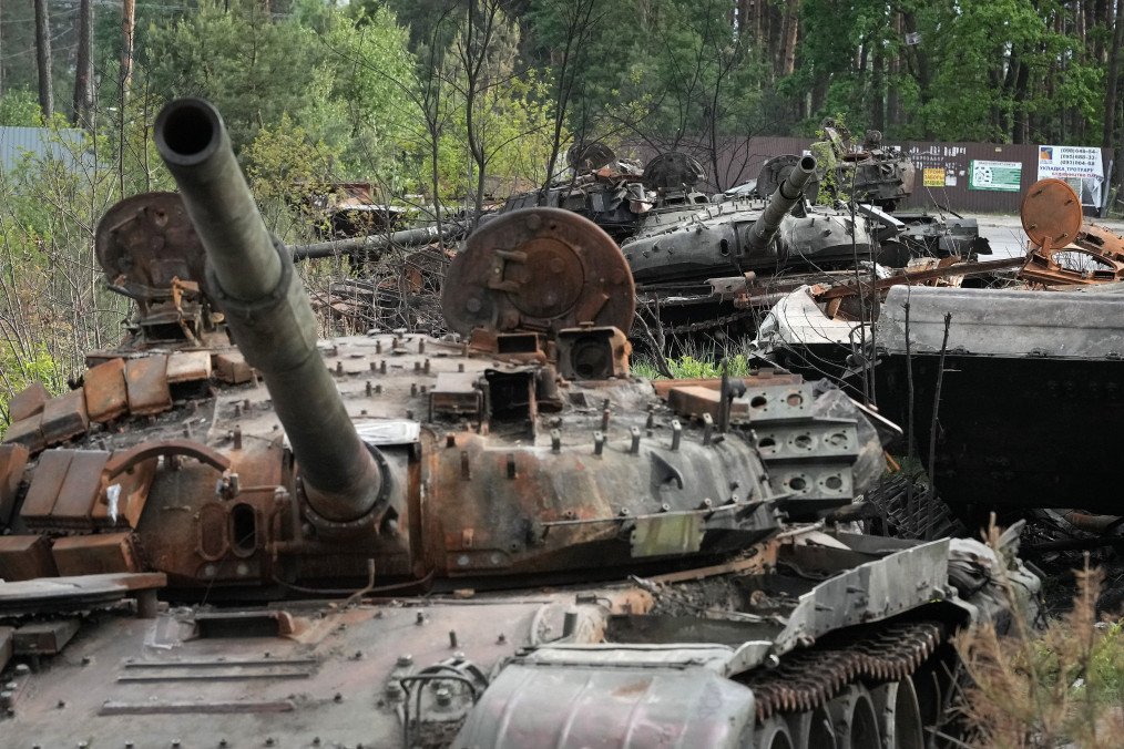 Destroyed Russian main battle tanks and armoured vehicles lay beside a road on May 25, 2022, in Irpin, Ukraine. (Source: Getty Images)