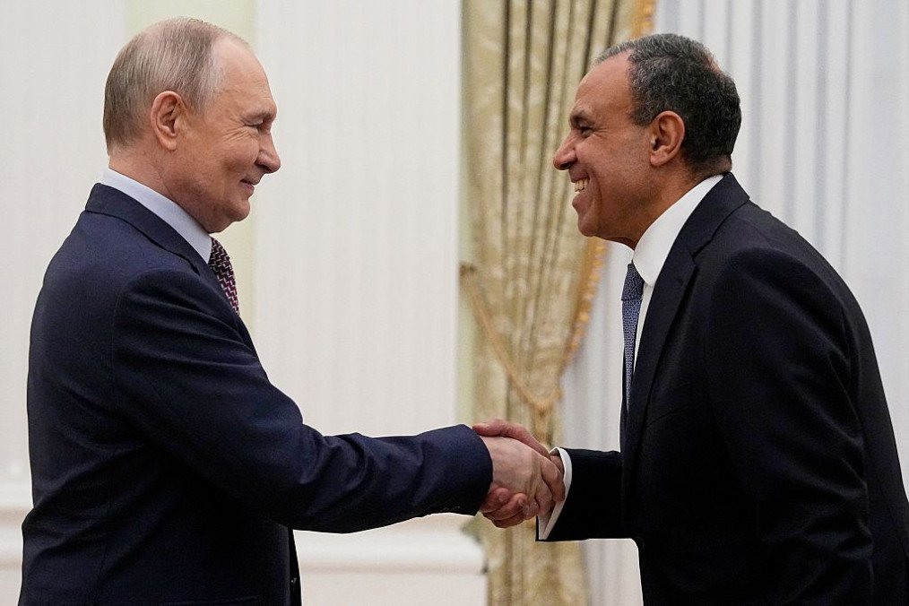 Russia’s leader Vladimir Putin and Egypt’s Minister of Foreign Affairs Badr Abdelatty shake hands during their meeting at the Senate Palace of the Kremlin in Moscow on April 2, 2026. (Source: Getty Images)