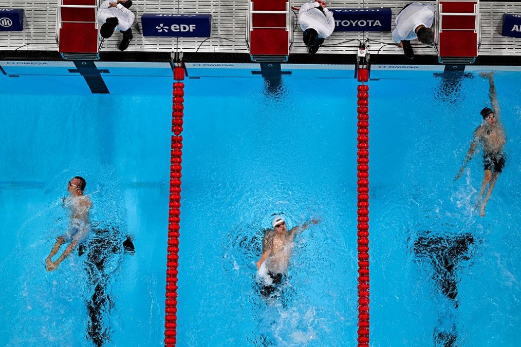 An overview shows Paralympics Athletes competing in the final of the Men’s 50m Backstroke S4 swimming event of the Paris 2024 Paralympic Games in France on September 7, 2024. (Source: Getty Images)