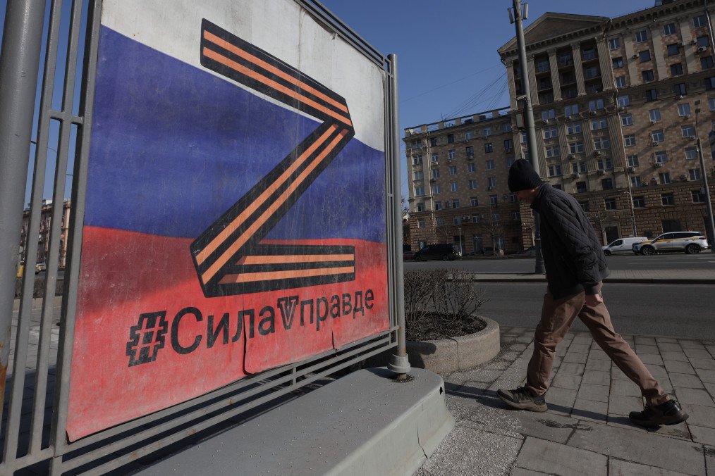The billboard in the foreground features the letter Z, a symbol of support for the Russian army. (Source: Getty Images)