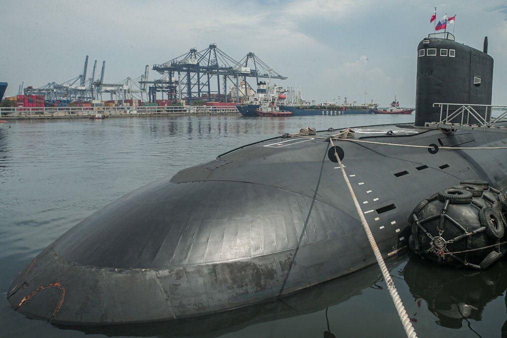 Russian Navy submarine Petropavlovsk Kamchatsky B-274 docks at Tanjung Priok Port in Jakarta, Indonesia, on March 31, 2026. (Source: Getty Images)