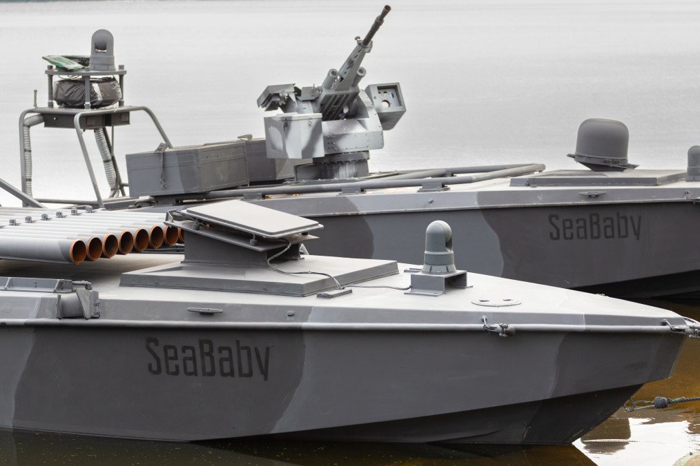 Next-generation Sea Baby unmanned surface vehicles are presented by Ukraine’s Security Service during a media event in Kyiv on October 17, 2025. (Photo: Getty Images)