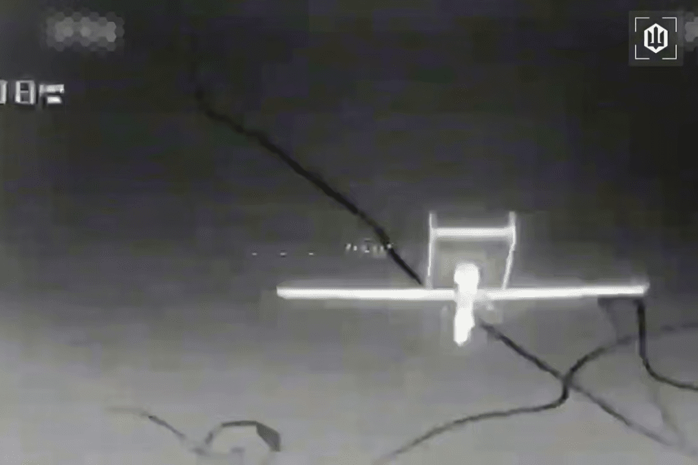 An interceptor drone camera tracks a rare Russian Forpost-R reconnaissance drone in flight before bringing it down over Russia’s Kursk region. (Source: Robert “Magyar” Brovdi)