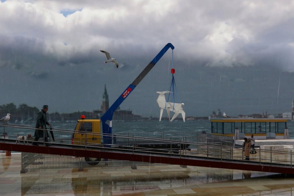 A rendering of the “Origami Deer” sculpture on display in a public space in Venice. (Source: Suspilne Culture)