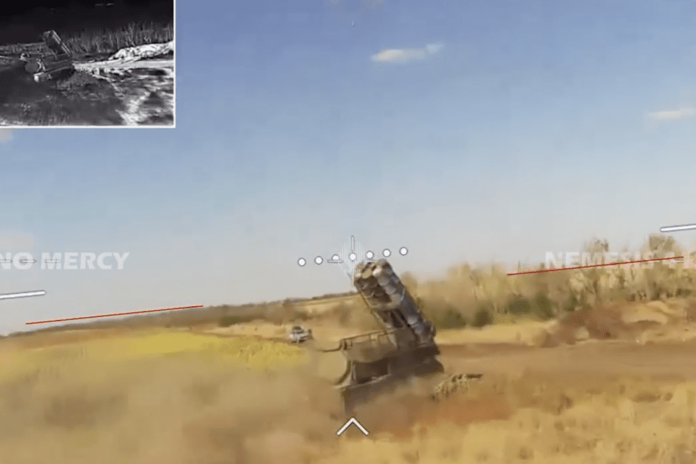 FPV drone perspective moments before striking a Russian Buk-M3 SAM system in temporarily occupied Zaporizhzhia. (Source: Unmanned Systems Forces Commander Robert “Magyar” Brovdi)