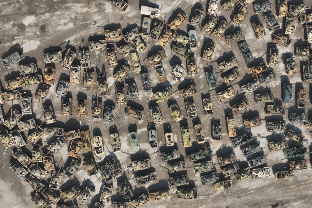 An aerial view of armored vehicles that were seized from the Assad regime by opposition forces in Idlib, Syria, on November 27, 2025. (Source: Getty Images)