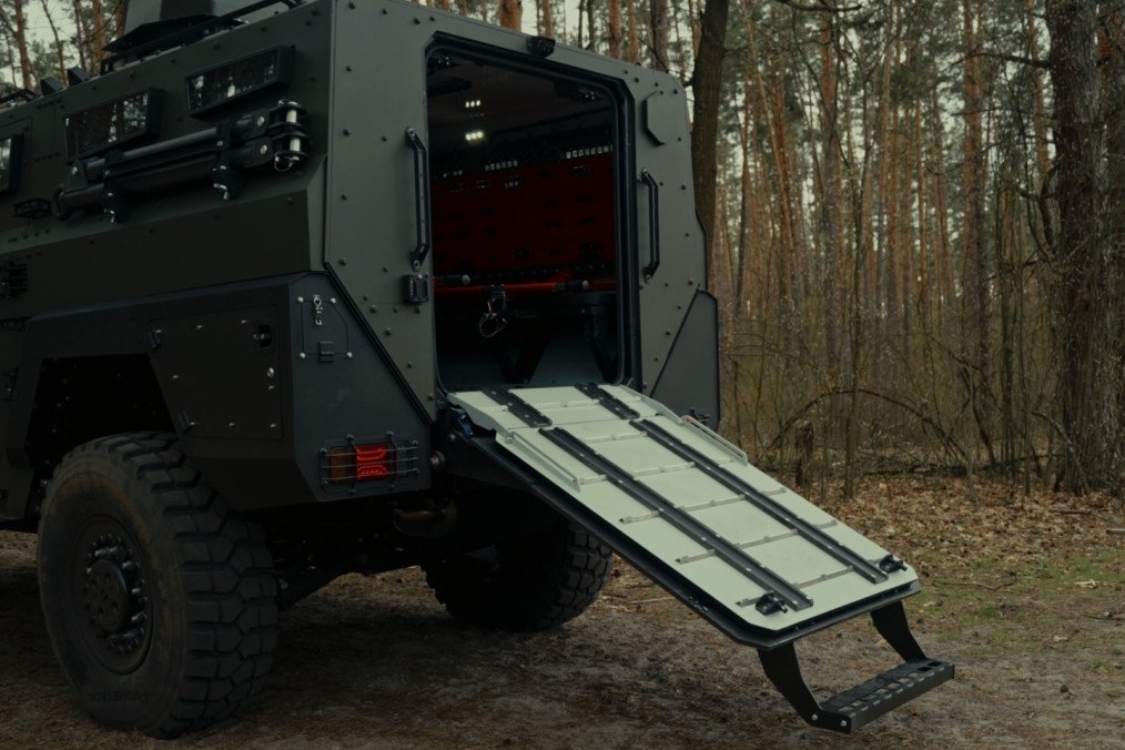 Rear ramp of the Inguar-3 MED armored vehicle deployed for rapid stretcher loading. (Source: Inguar Defence)