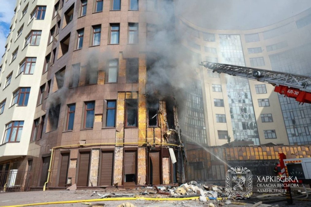 Residential building after a direct hit by a rocket-powered drone in the Kyivskyi district of Kharkiv. (Source: Kharkiv Regional Military Administration)