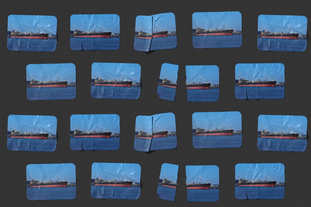 Printed images of a tanker ship arranged in a grid, some torn or creased. Illustrative image. (Source: Oleksandr Manukians/UNITED24 Media)