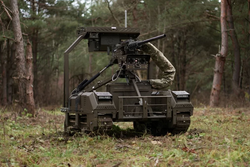 Ukrainian Droid TW-12.7 unmanned ground vehicle armed with an M2 Browning heavy machine gun.
