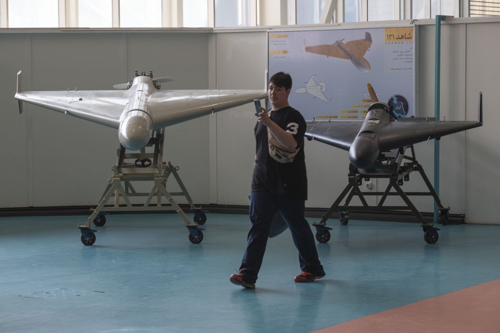 Iranian Shahed-136 and Shahed-131 drones displayed at the IRGC National Aerospace Park in Tehran, Iran, on October 11, 2023. (Source: Getty Images)