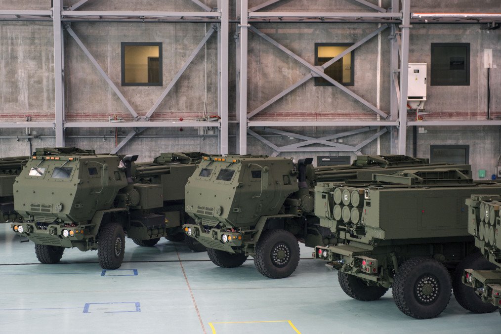 HIMARS rocket launchers are seen placed on military vehicles at the military 1st Transport Aviation Base in Warsaw on May 15, 2023. (Source: Getty Images)