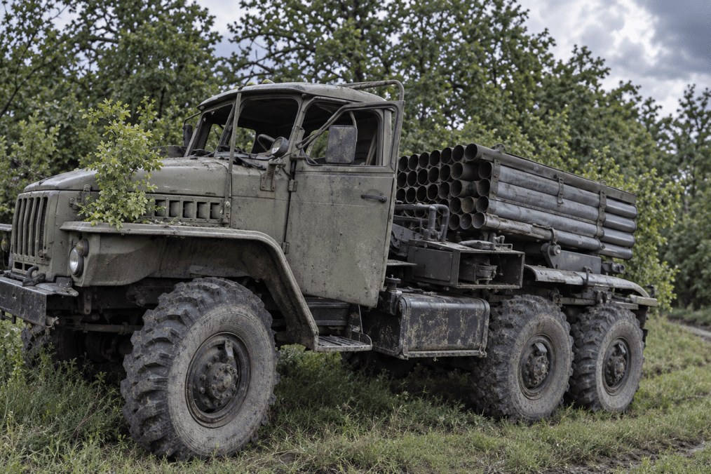 Russian BM-21 Grad multiple rocket launcher targeted by a Ukrainian drone. (Source: 42nd Separate Mechanized Brigade) Russian BM-21 Grad multiple rocket launcher targeted by a Ukrainian drone. (Source: 42nd Separate Mechanized Brigade)