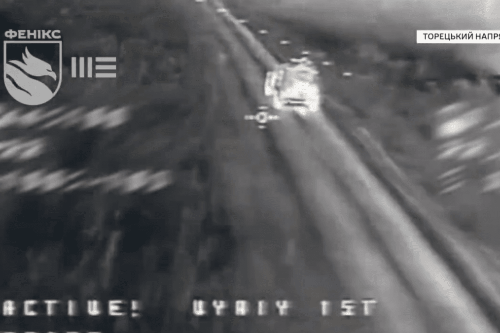 Footage released by Ukraine’s Phoenix unmanned systems unit shows a Russian vehicle with an armed soldier in the rear being targeted on the Toretsk direction. (Source: Phoenix unmanned systems unit)