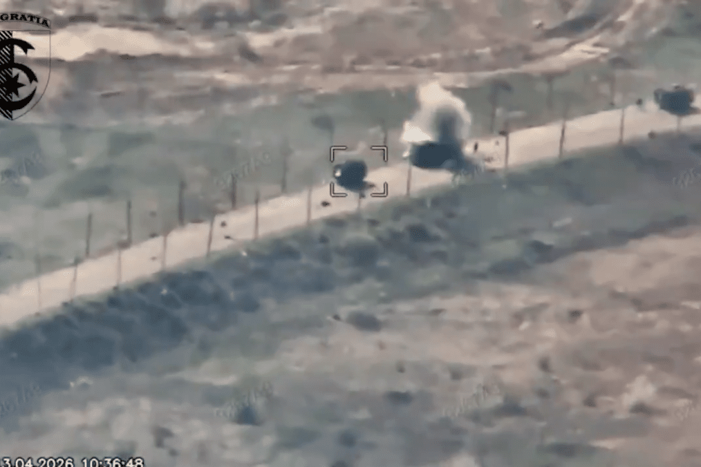 Ukrainian “Hornet” drone strikes a Russian military truck on a rural road, triggering an explosion during the final approach. (Source: social media) Ukrainian “Hornet” drone strikes a Russian military truck on a rural road, triggering an explosion during the final approach. (Source: social media)