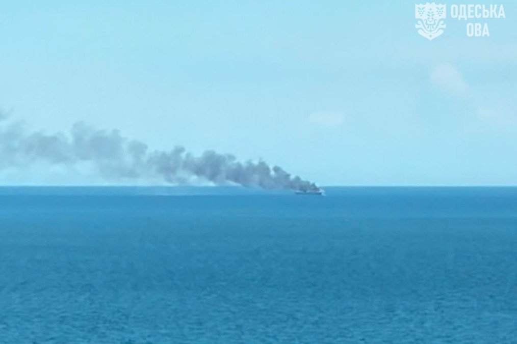 Smoke rises from a civilian cargo vessel after a Russian strike in the Black Sea on July 14. (Source: Odesa Regional Military Administration)
