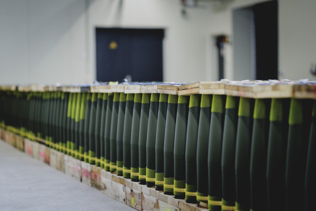 Artillery ammunition is pictured in production during the opening of the new artillery plant of Rheinmetall on August 27, 2025, in Unterluess, Germany. (Source: Getty Images)