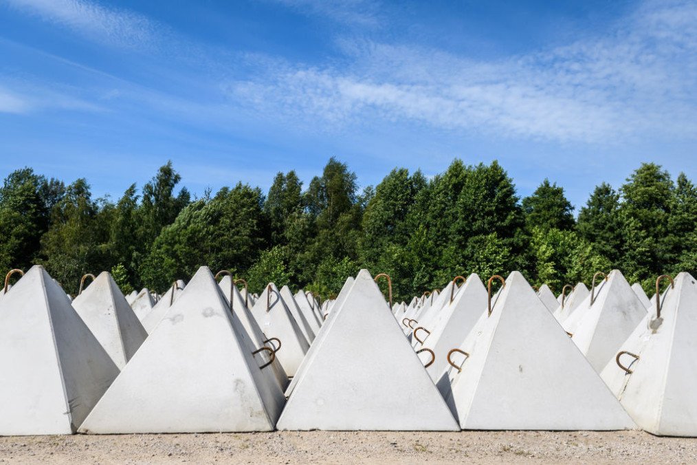 Dragon’s teeth fortifications, pyramidal anti-tank obstacles, are seen during a press tour to present military reinforcement measures near the border of Latvia with Russia. (Source: Getty Images) Dragon’s teeth fortifications, pyramidal anti-tank obstacles, are seen during a press tour to present military reinforcement measures near the border of Latvia with Russia. (Source: Getty Images)
