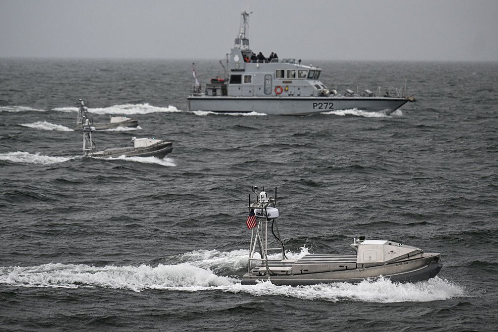 Several US Navy Unmanned Surface Vessel (USV) drone boats sail next to a British Royal Navy P200 Patrol Craft during the NATO exercise BALTOPS 26 on June 15, 2026 off the coast of Gdynia, Poland. (Source: Getty Images) Several US Navy Unmanned Surface Vessel (USV) drone boats sail next to a British Royal Navy P200 Patrol Craft during the NATO exercise BALTOPS 26 on June 15, 2026 off the coast of Gdynia, Poland. (Source: Getty Images)