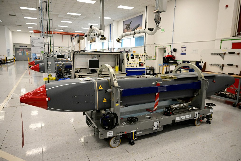 Misil Storm Shadow expuesto en la fábrica de MBDA en Stevenage, 9 de julio de 2025. (Fuente: Getty Images)
