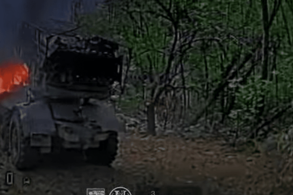 Russian BM-21 Grad MLRS burning after a Ukrainian drone strike, September 2026. Russian BM-21 Grad MLRS burning after a Ukrainian drone strike, September 2026.