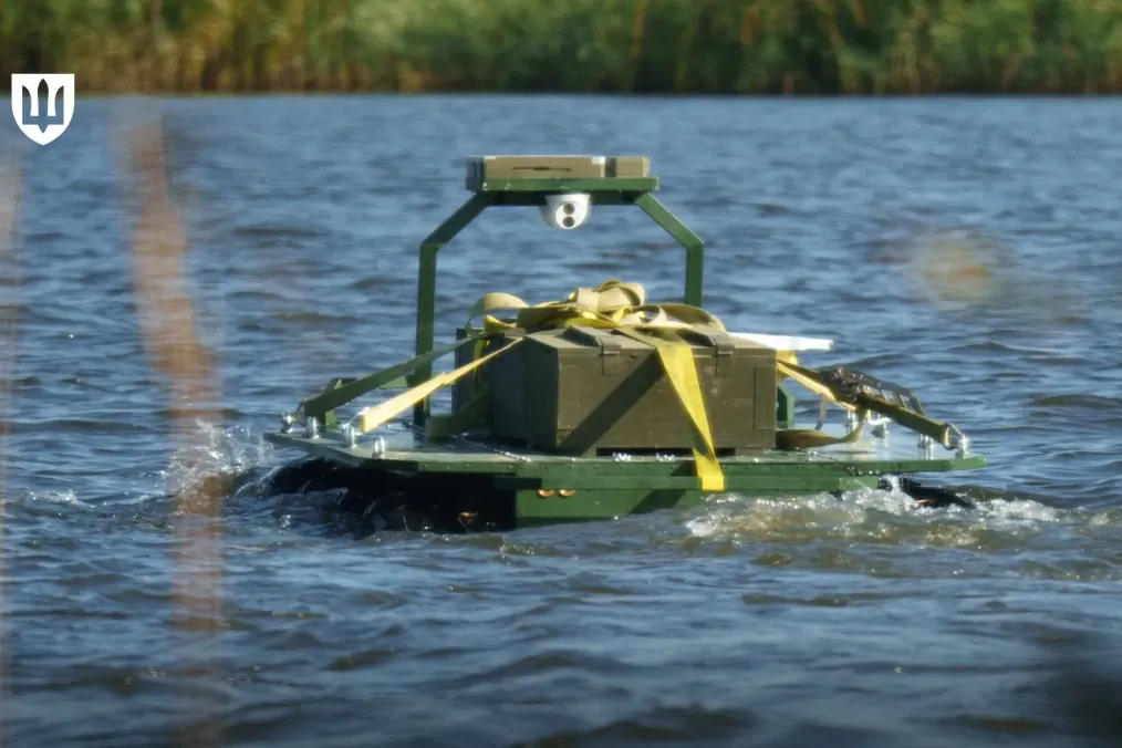A Ukrainian Triton amphibious unmanned ground vehicle moves through water during testing. (Source: Ukraine’s Ministry of Defence)