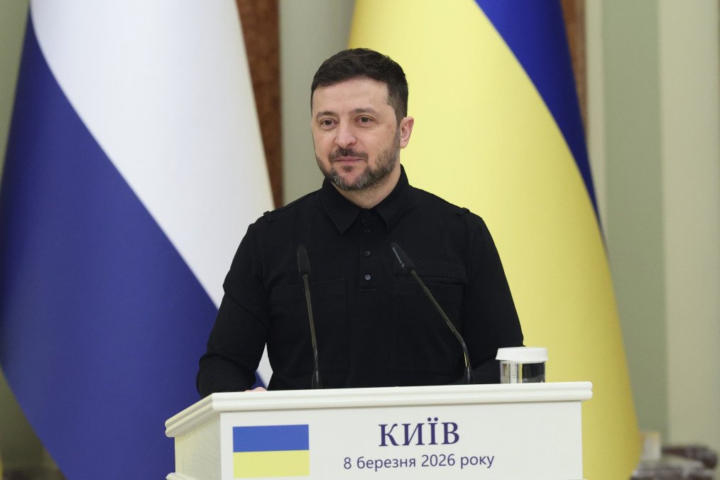 11 Countires Seek Ukraine’s Help in Countering Iranian Shahed Drones, Zelenskyy Says President of Ukraine Volodymyr Zelenskyi stands during joint press conference with Prime Minister of the Netherlands Rob Jetten on March 8, 2026 in Kyiv, Ukraine. (Source: Getty Images)