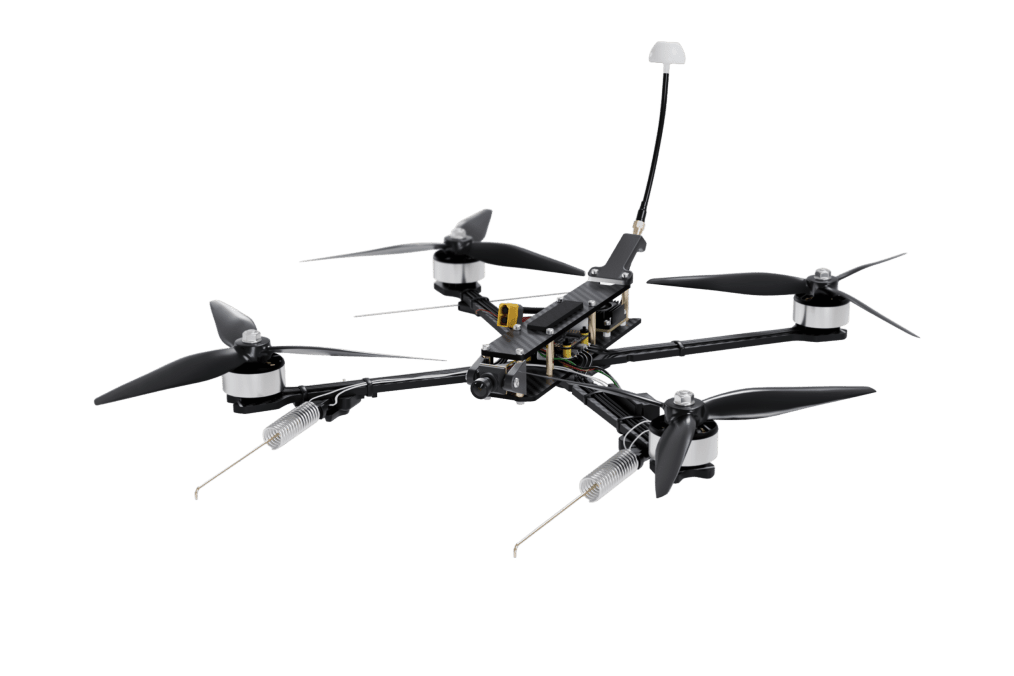 Vyriy’s lightweight FPV drone equipped with spring-mounted landing gear, exposed carbon frame, and high-gain antenna for enhanced signal resilience. (Source: Vyriy Drone) Vyriy’s lightweight FPV drone equipped with spring-mounted landing gear, exposed carbon frame, and high-gain antenna for enhanced signal resilience. (Source: Vyriy Drone)