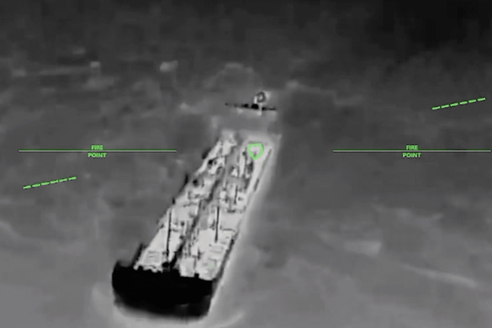 A Ukrainian naval drone targets a Russian fuel tanker during a strike in the Black Sea. (Source: SBS Commander Robert “Madyar” Brovdi)