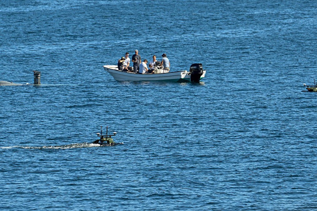 Naval drones seen tested off Sesimbra harbor during Media Day at REPMUS/DYMS25, NATO’s major innovation exercise, showcasing maritime unmanned systems in action, on September 23, 2025 in Setubal, Portugal. (Source: Getty Images)