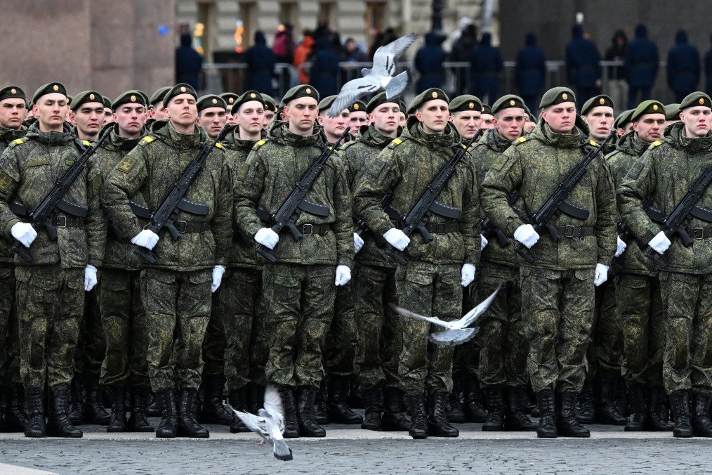Russian troops attend a rehearsal for the Victory Day military parade in Saint Petersburg on April 23, 2026. (Source: Getty Images)