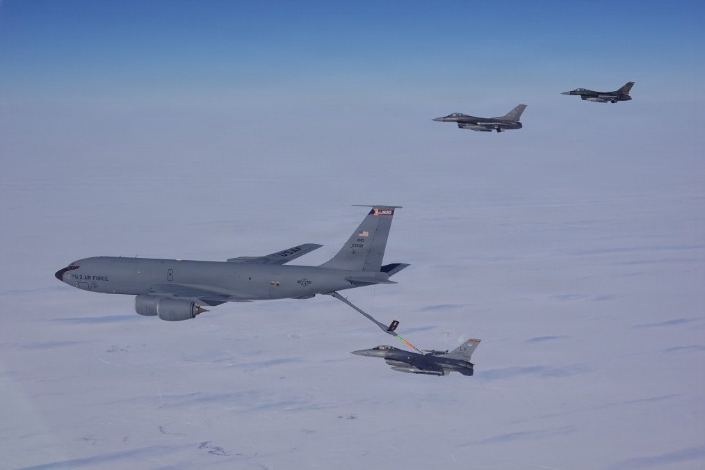 US Air Force KC-135 Stratotanker and 3 F-16 fighter jets over Alaska, April 2026. (Source: ANRALCOM/X) US Air Force KC-135 Stratotanker and 3 F-16 fighter jets over Alaska, April 2026. (Source: ANRALCOM/X)
