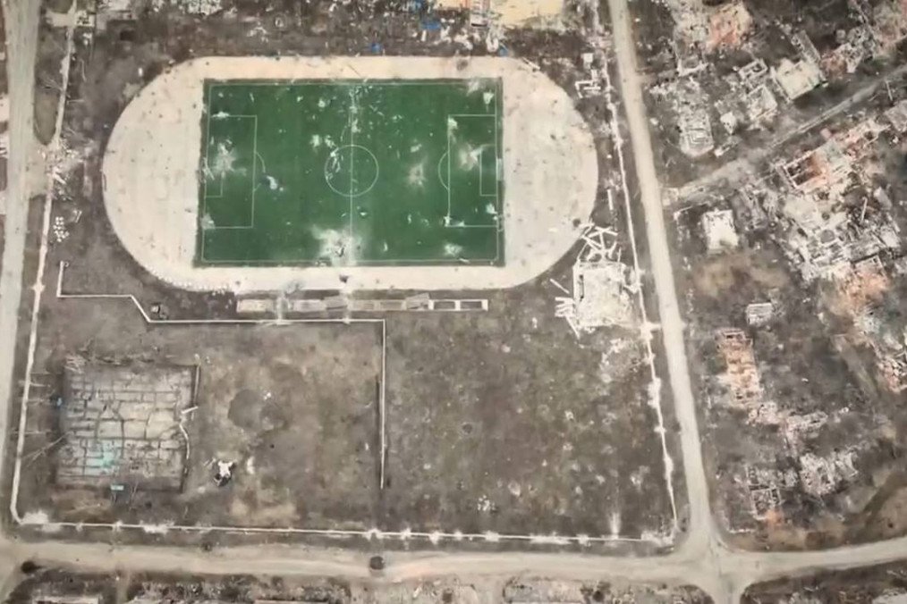 An aerial view shows Bakhmut’s destroyed urban landscape on March 12, 2026, with damaged residential districts surrounding the city’s stadium. (Source: kazansky2017/Telegram) An aerial view shows Bakhmut’s destroyed urban landscape on March 12, 2026, with damaged residential districts surrounding the city’s stadium.