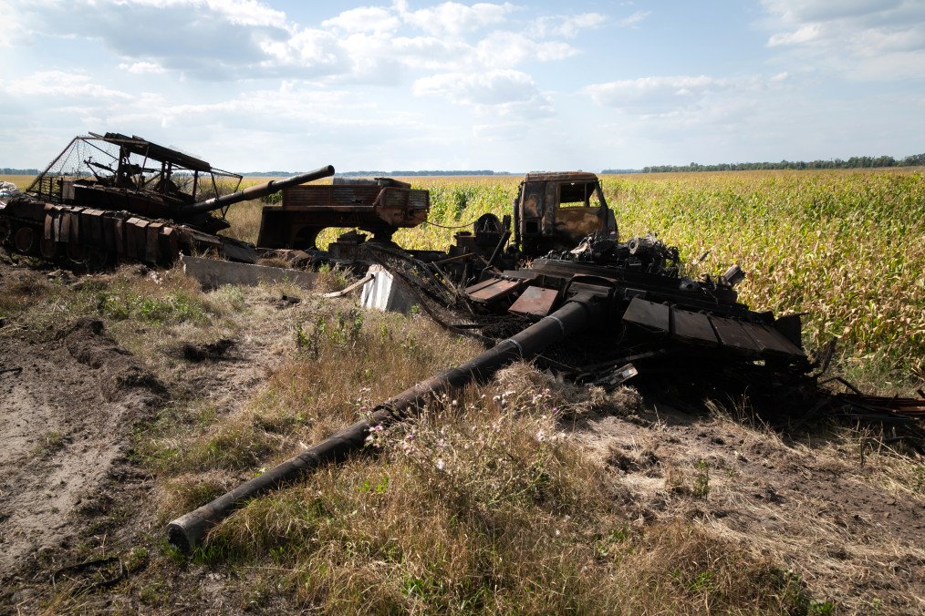 Destroyed Russian military vehicles on the outskirts of Sudzha, Kursk region, Russia, August 16, 2024. (Source: Getty Images)