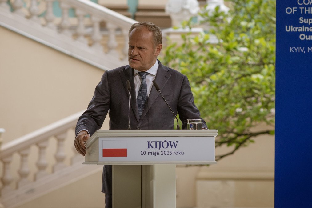 Polish Prime Minister Donald Tusk speaks during the Conference of the Coalition of the Willing in Kyiv, Ukraine on May 10, 2025. (Source: Getty Images)