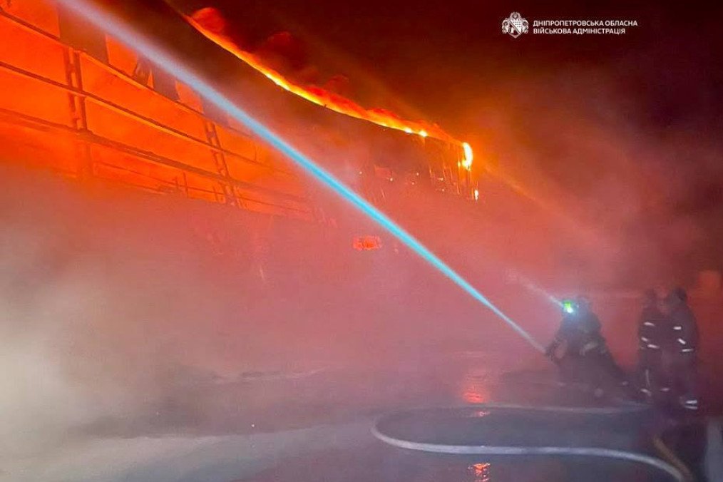 Firefighters battle a blaze at food-storage warehouses after a reported Russian drone strike on the outskirts of Dnipro on August 3, 2026. (Source: Dnipropetrovsk Regional Military Administration) Firefighters battle a blaze at food-storage warehouses after a reported Russian drone strike on the outskirts of Dnipro on August 3, 2026. (Source: Dnipropetrovsk Regional Military Administration)