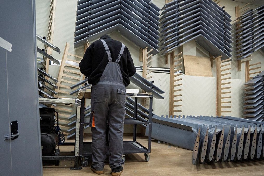 An employee assembles a long-range drone in a workshop of the Fire Point company which manufactures FP-1 deep-strike drones and FP-2 strike drones in an undisclosed location in Ukraine. (Source: Getty Images)