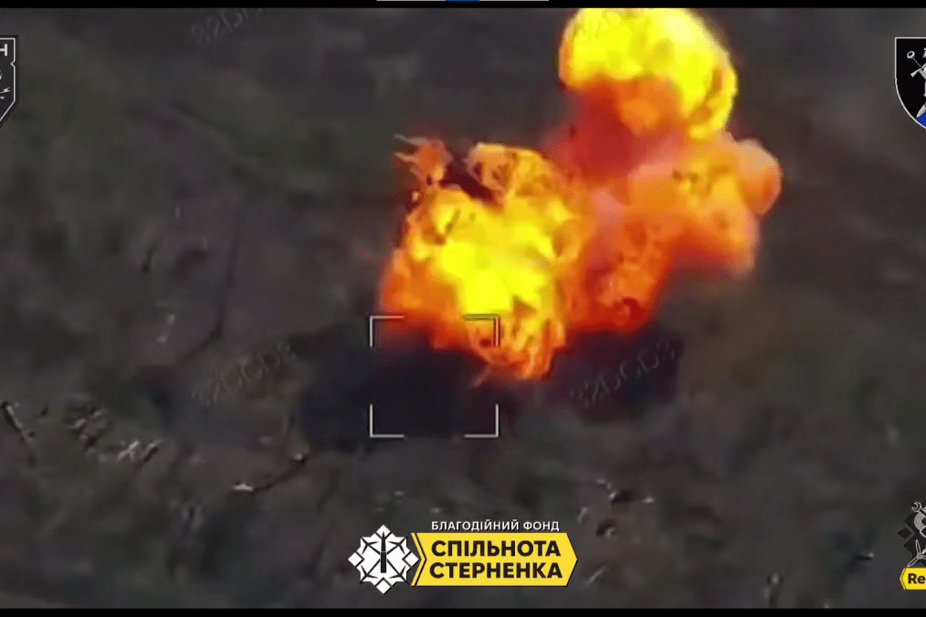 FPV drone strike hits a Russian tank, triggering a large explosion likely caused by onboard ammunition detonation. (Source: Perun Battalion / 42nd Mechanized Brigade)